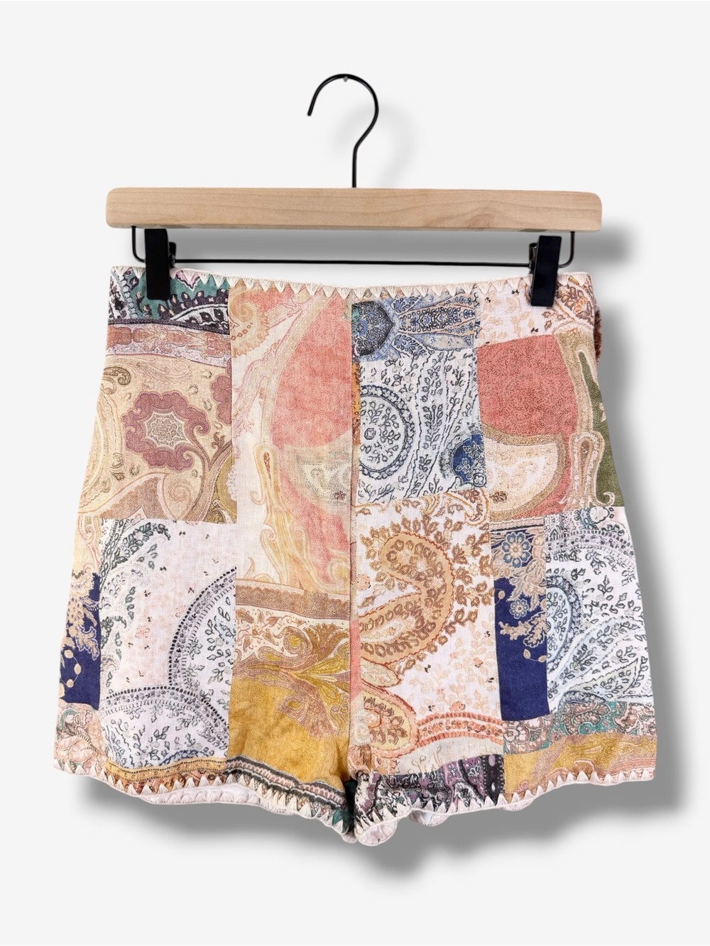 Zimmermann Anneke Patch Paisley Linen Shorts Size 1 (US 6) Embroidered Trim